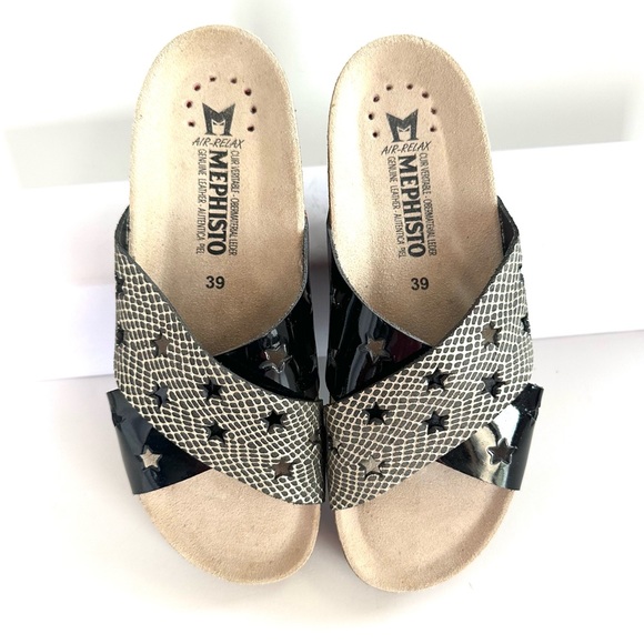 MEPHISTO NANOU STAR CROSSED STRAPS METALLIC/BLACK PATENT LEATHER SANDALS Sz9/39 - Picture 2 of 11